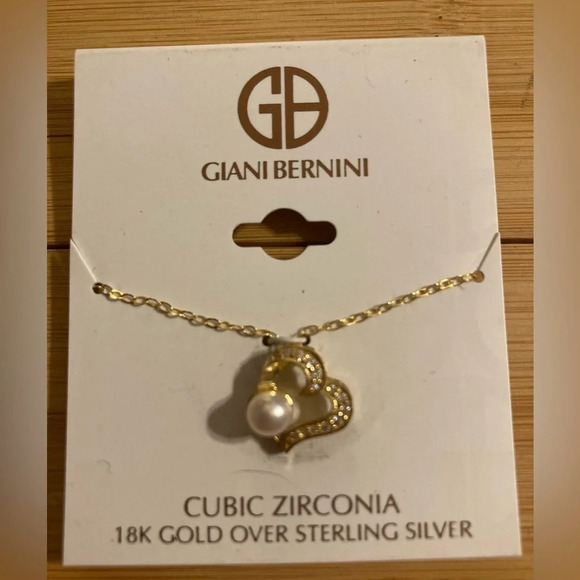 GIANI BERNINI Valentine’s Heart Necklace 18k Sterling Silver CZ Faux Pearl NWT - Picture 2 of 3